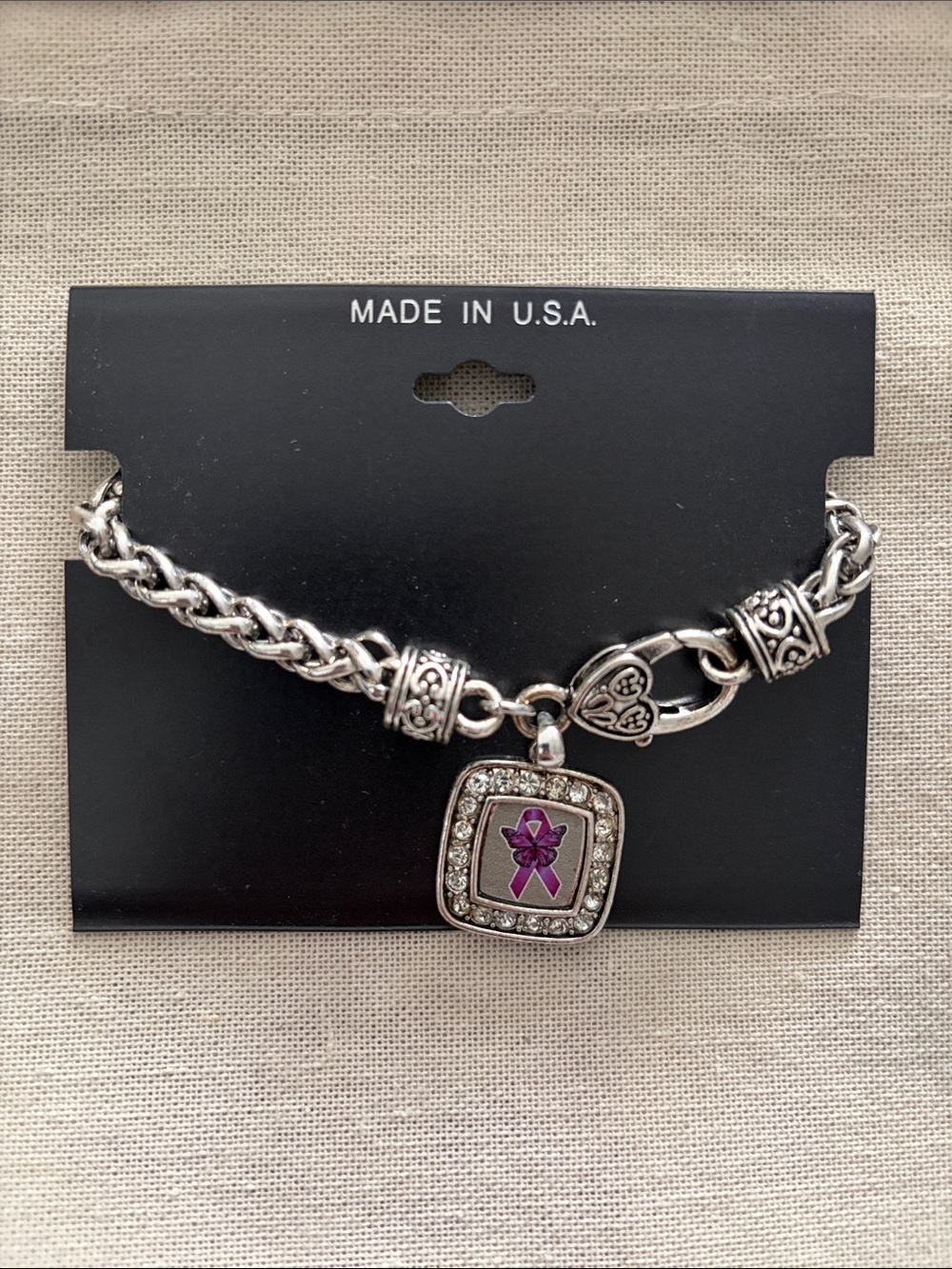 Purple Awareness Ribbon Charm, Stainless Steel Bracelet.